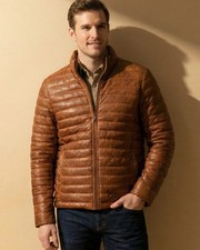 Men's Genuine Lambskin Leather Puffer Jacket Tan Quilted Bubble Coat