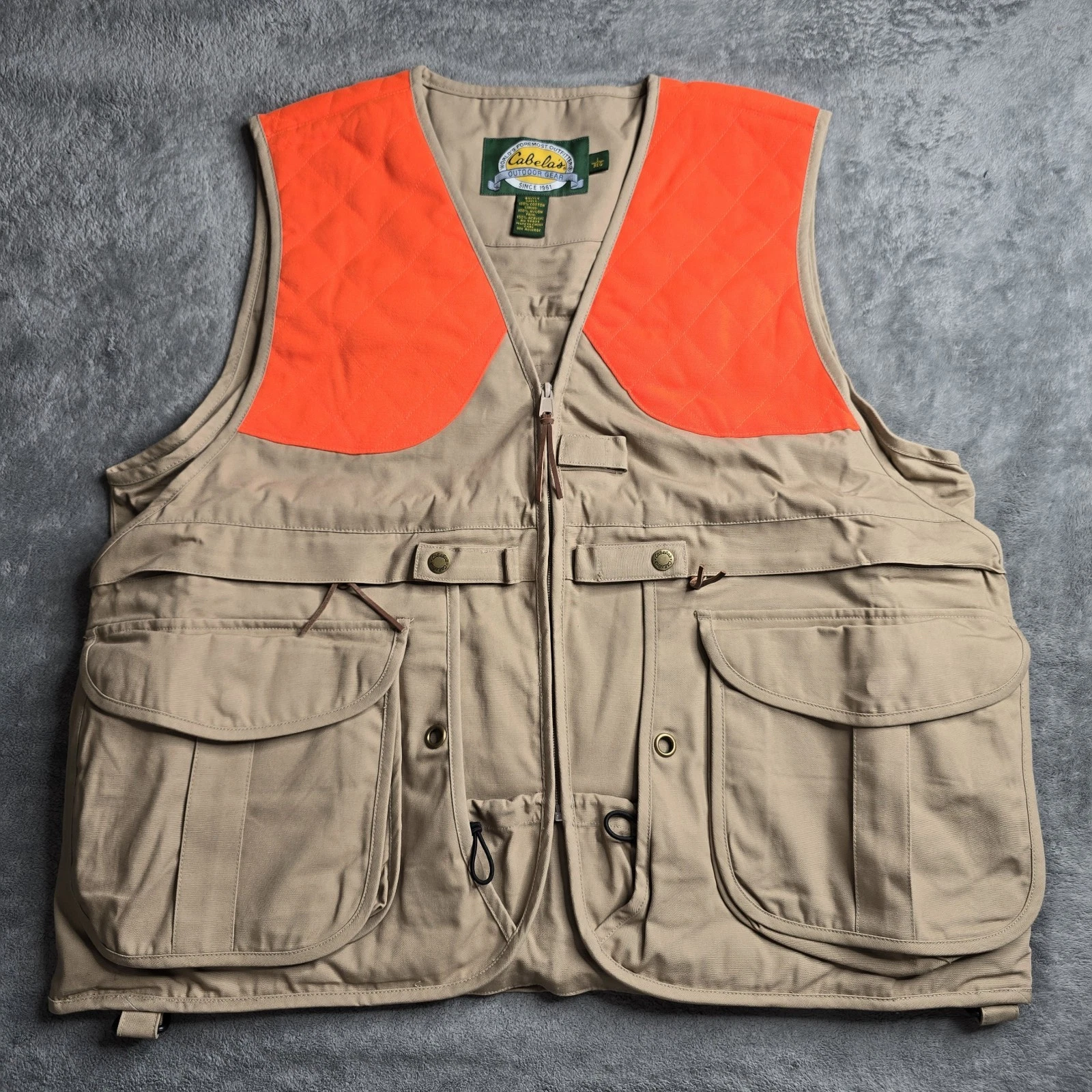Cabela’s Hunting Fishing Vest Mens Large Desert Tan Orange Jacket Pockets EUC