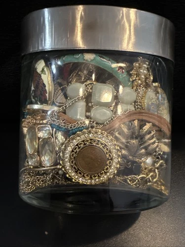 Golden Goddess~Mystery Goldtone Jewelry Jar Lot~Vintage To Now~Wearable/repurpos