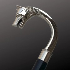 Vintage Silver Wolf Head Handle Victorian Wooden Shaft Walking Stick Cane Adult