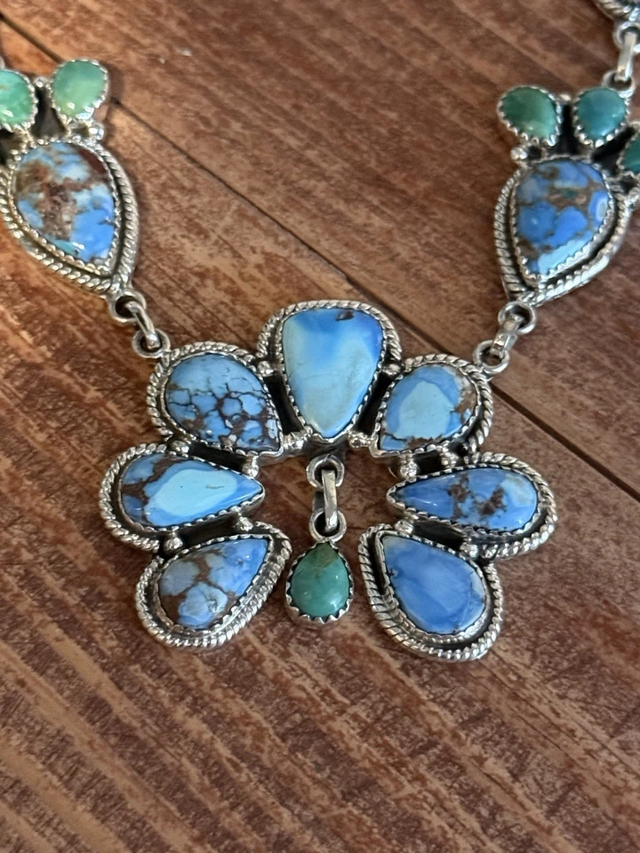 Gorgeous Natural Golden Hills & Kingman Turquoise Sterling Naja Cluster Necklace - Image 4 of 4