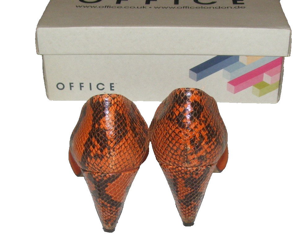 Matching Set OFFICE Orange Snake Print Heels UK 5 & TOPSHOP Envelope Clutch Bag image 3