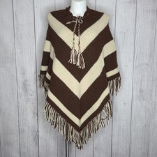 Vintage Handmade Knit Poncho Cape Fringe Boho Hippie, OSFM