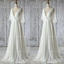 Chiffon Wedding Dress Deep V-Neck Sweep Train Ruching A-Line Empire Bridal Gown