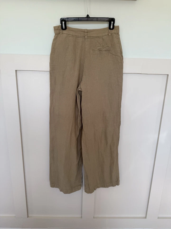 Pantalón Zara Pierna Ancha Lino Mujer’s Mediano Caqui Beige Plisado Bolsillos Botón Foto 3 de 4
