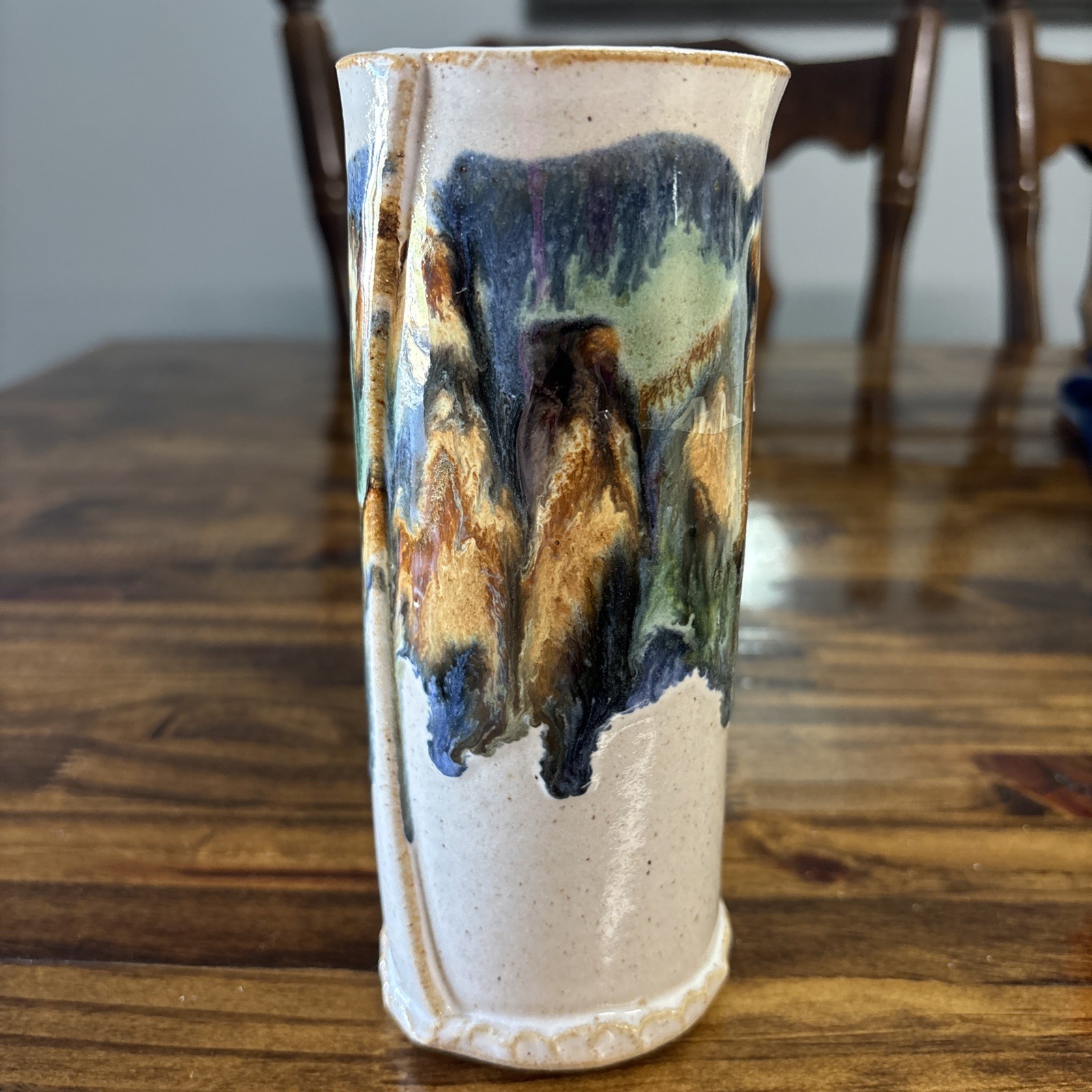 Beautiful 1993 HOFFMAN POTTERY Blue Drip Glaze Rd. Vase Signed 6.75