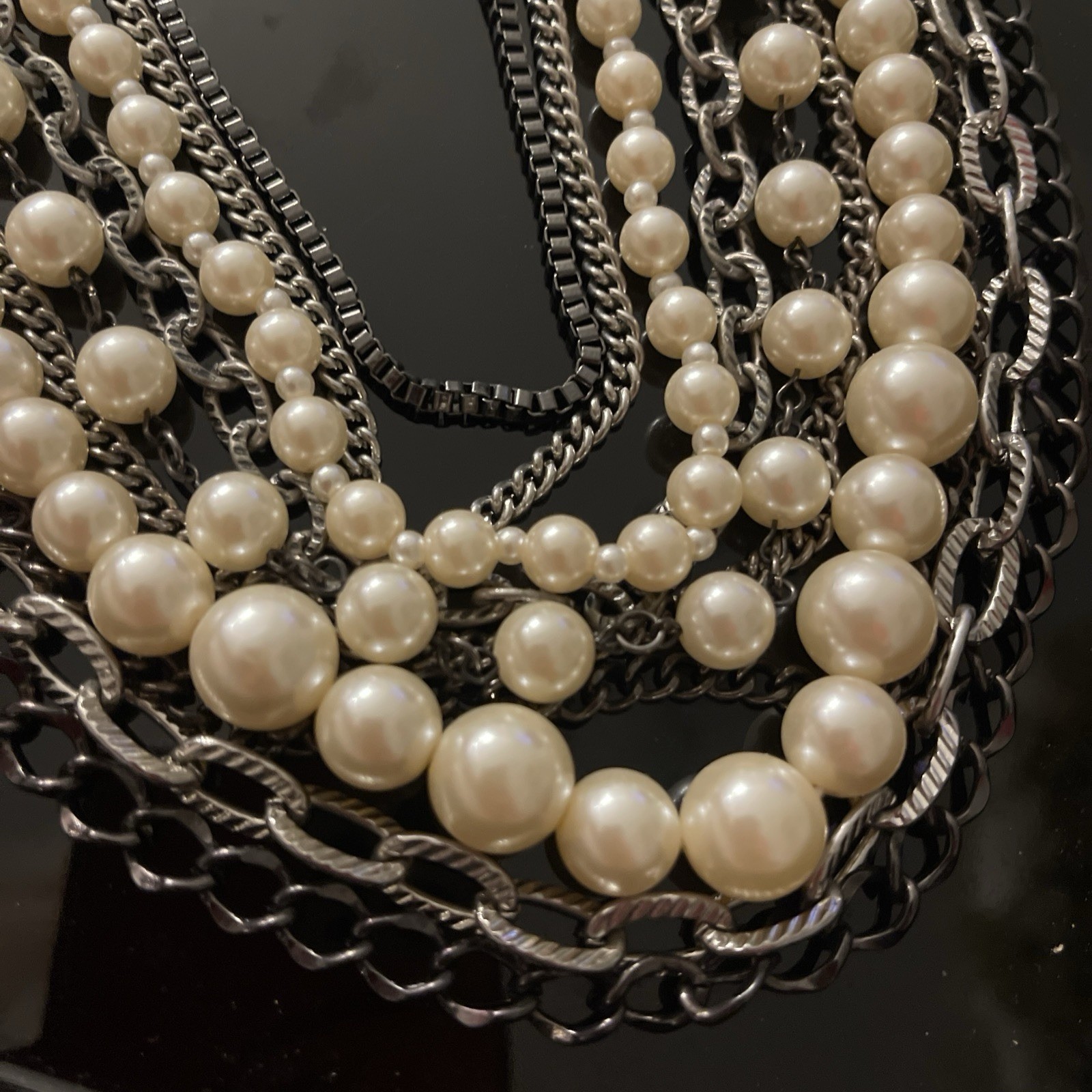 Layered Statement Multi-Strand Necklace Silver Wh… - image 9