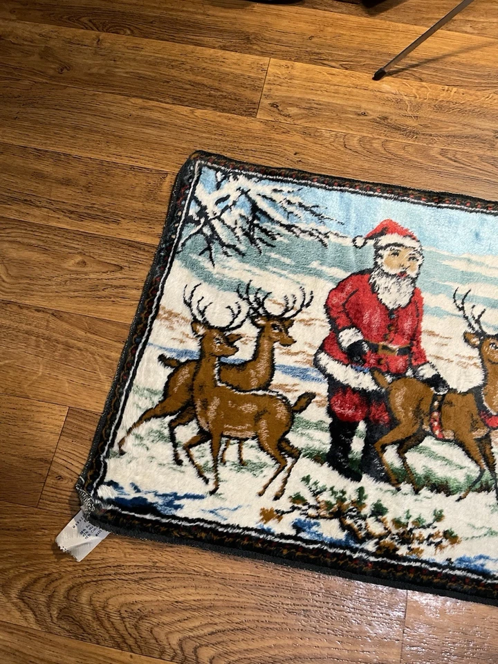 Vintage Christmas Velvet Tapestry Wall Rug Hanging Santa Reindeer Made In Italy - Image 3 of 4