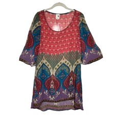 Pink Owl Multicolor Boho 3/4 Sleeve Hi-Low Semi Sheer Sheath Dress - Sz M