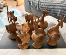 Set of 6 Vintage Carved Wooden African Animals Safari Napkin Rings