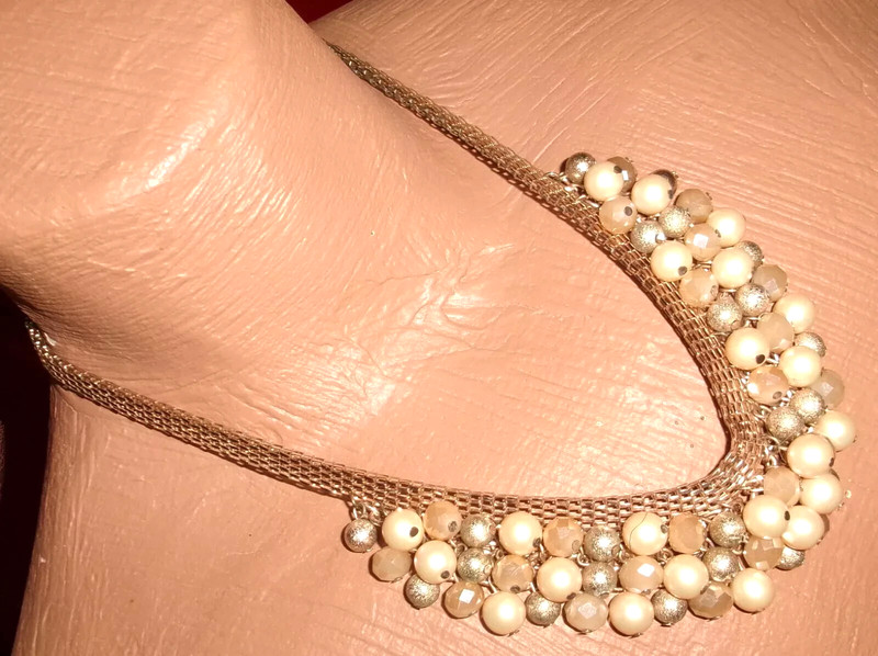 Vintage Wide Link Chain Necklace with Bead Drops-Pearls,Fauceted,Gold Sparkle