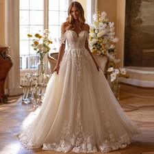 Off Shoulder A-Line Wedding Dress Appliques Sweep Train Princess Bridal Gowns