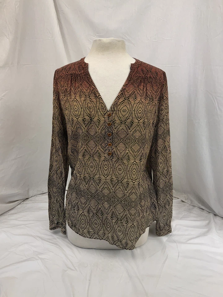 Blusa Diane von Furstenberg 4 Tostado Negro Tejido Seda Botón Manga 3/4 YGI S1-188 Foto 2 de 4