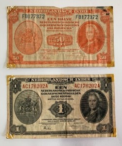 Set of 2 1943 Netherlands Indies Notes 1 Cent 50 Cent 