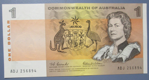 Australia One Dollar Note Crisp 1 Coombs Wilson Serial ADJ 256894 - Afbeelding 1 van 6