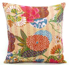 Indian Decorative Vintage Cotton Kantha Cushion Cover Throw Ethnic Pillow 16X16 