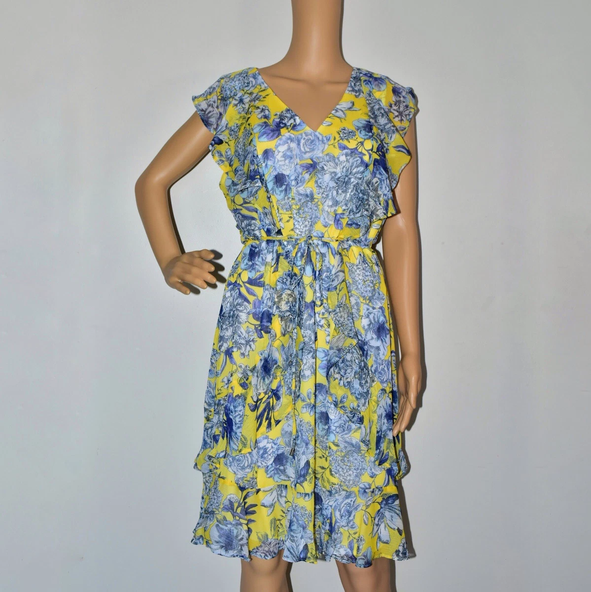 NEW 129 Tommy Hilfiger Yellow Blue Floral Printed Ruffled