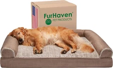Furhaven XL Orthopedic Dog Bed Luxe Faux Fur & Performance Linen Sofa-Style W/ R