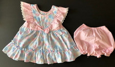 Vintage Cradle Togs Pinafore Apron Dress Bloomers Ruffle Blue Pink Floral 2T