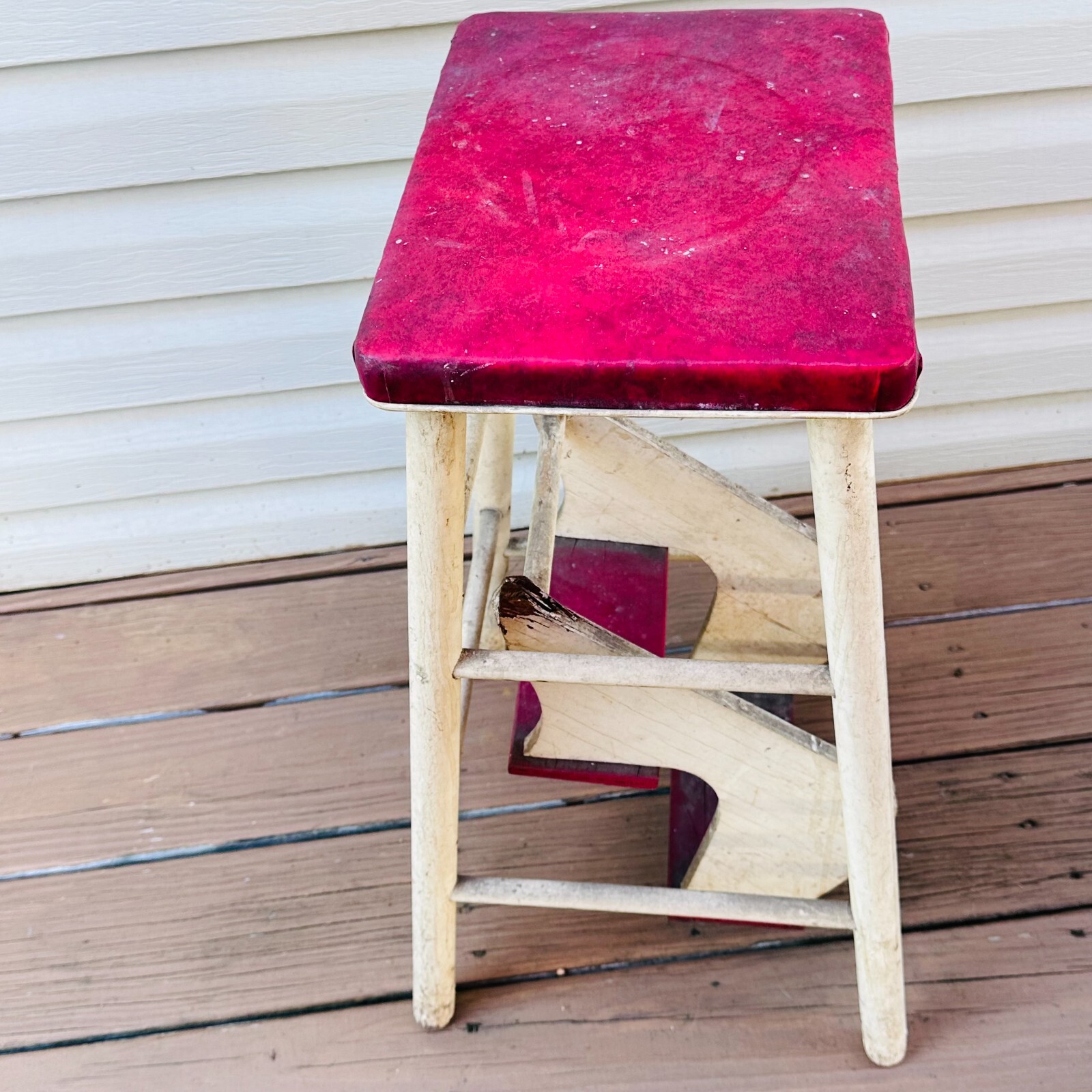 vtg wood step stool fold out steps White w red farmhouse 50s