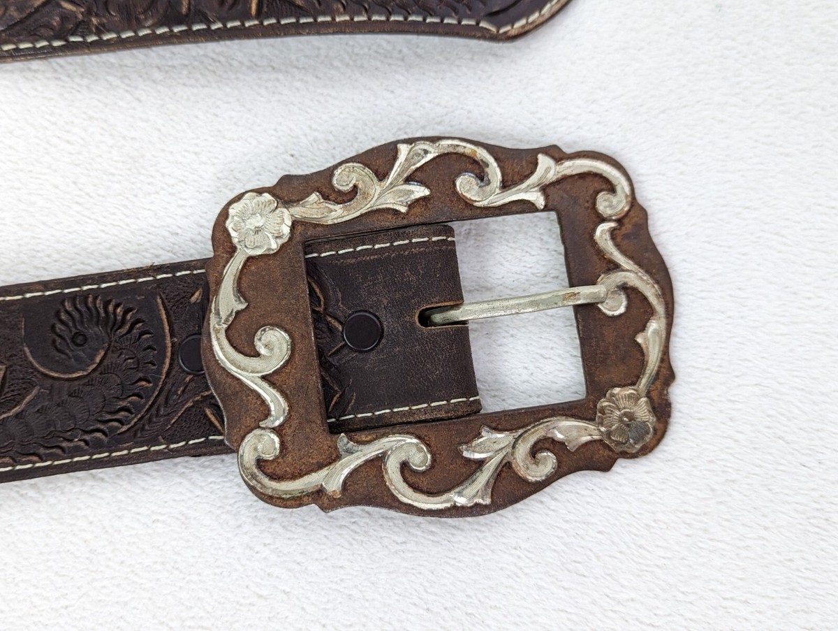 JOSE LUIS Belt German Silver Buckle Sz 34 Brown Tooled 
