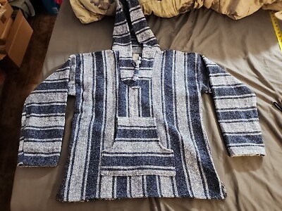 Artesanias Sanfe Mexican Poncho Baja Hoodie Large Blue & Gray