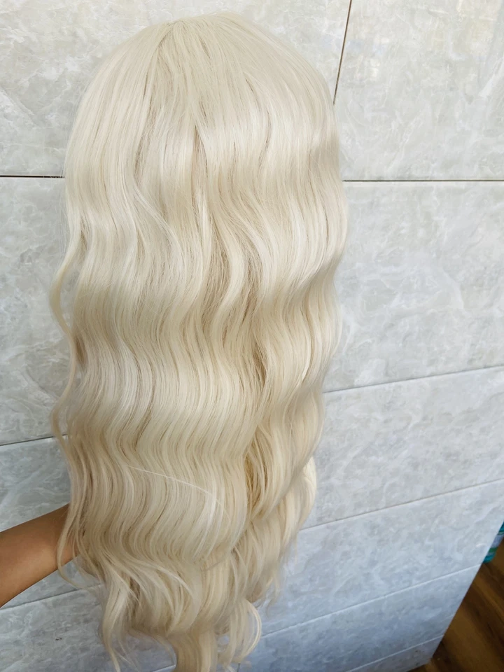 Perucas frontais de renda completa mistura de cabelo humano corpo longo ondulado loiro pálido calor OK - Imagem 3 de 4