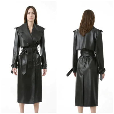 New Handmade Formal Stylish Black Genuine Soft Long Lambskin Leather Trench Coat