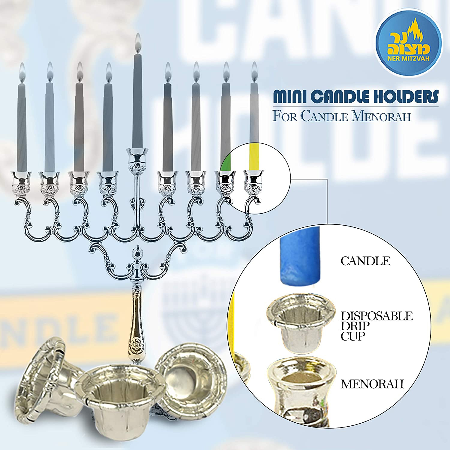 Hanukkah Mini Candle Holders Disposable Foil 44 Count