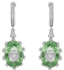 LARGE 11.08CT DIAMOND  AAA GREEN AMETHYST 14KT WHITE GOLD OVAL FLOWER EARRINGS