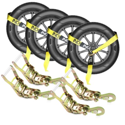 Indusafe 4 Pack 2''x96'' Car Tie Down with Snap Hooks, Ratchet Tie Down Straps