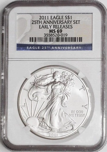 2011-S NGC MS 69, American Silver Eagle, 25th Anniversary, Early Rel. $1