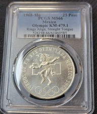 Mexico Silver 🇲🇽 1968 Mexico 25 Peso Olympic 'Dancing Aztec' PCGS MS66 Graded