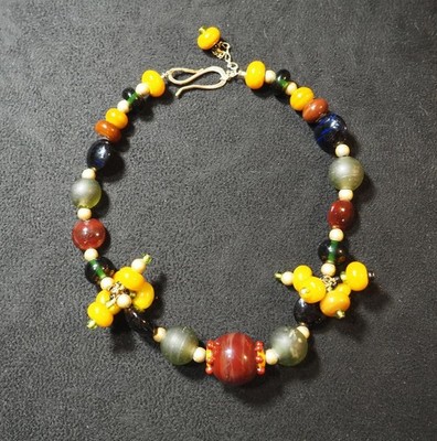 Vintage Multicolor Marbled Bead Necklace Gold Tone Fall Colors