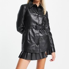 COLLUSION women's faux PU belted shacket, black, UK 18
