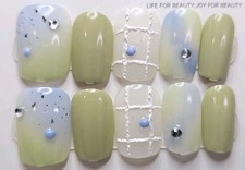 Pastel Green Blue Grid 3D Press On Nails  Short Square  Mocyne Style  NEW