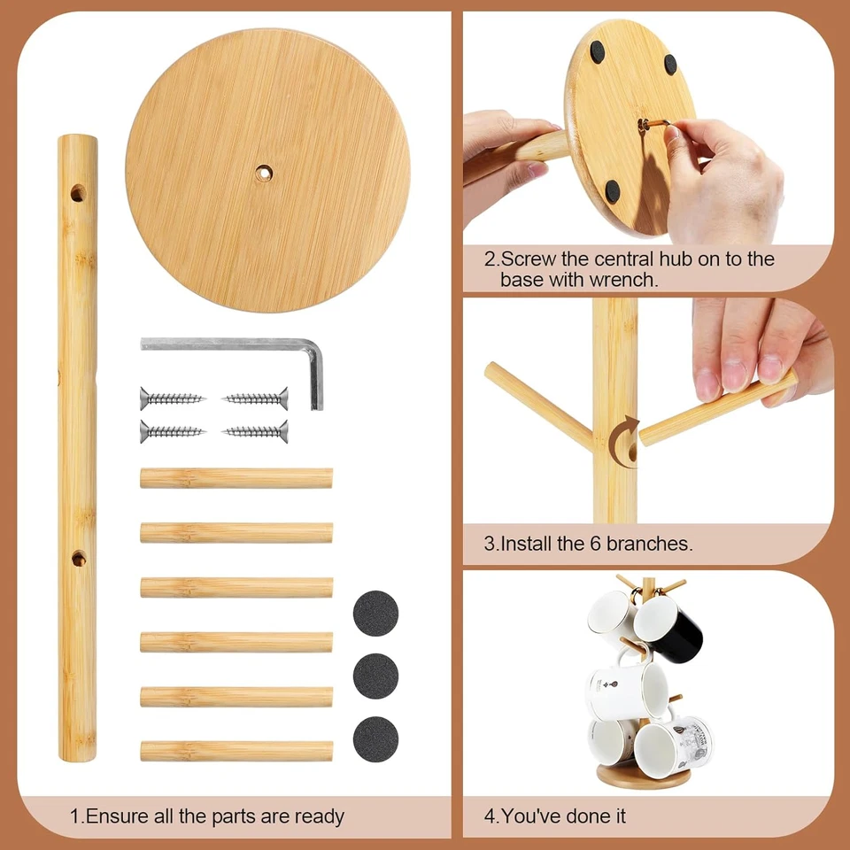 Bamboo Mug Holder, 6 Hooks Coffee Mug Holders Tree, Decorative Mug Racks Counter - Image 4 of 4