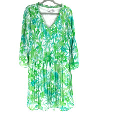 Emma & Michele V-Neck Bell Sleeve Floral Pleated Lined Dress Womens 2X Green NEW