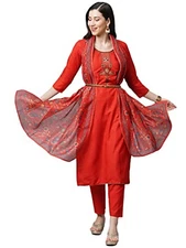 GoSriKi Women's Cotton Blend Straight Printed Kurta with Pant & Dupatta (Auth...