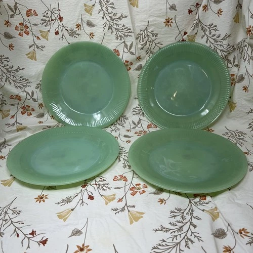 Set Of 4 Jadeite 9” Dinner Plates Jane Ray Ribbed Fire King Vintage