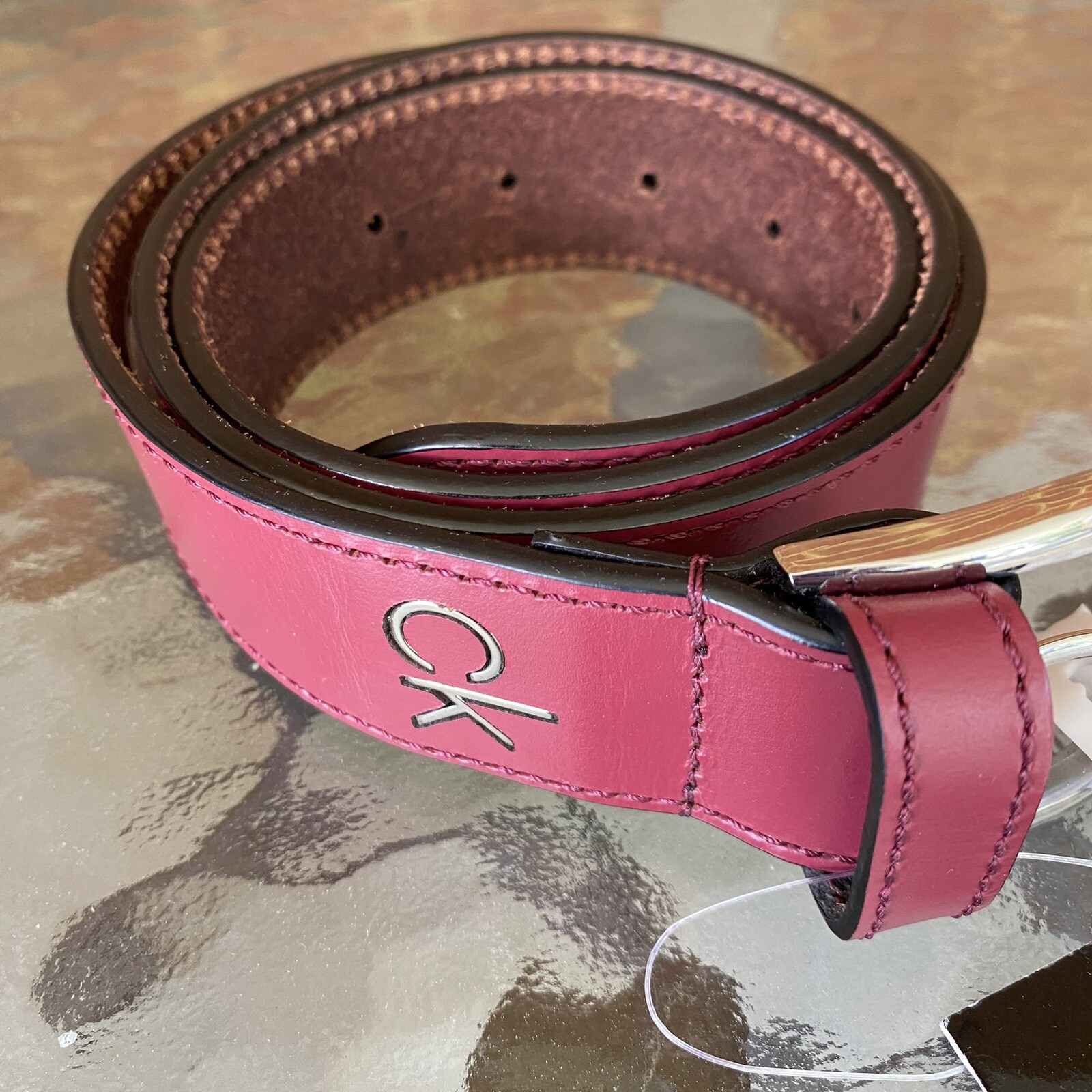 Calvin Klein Womens BURGUNDY RED RASBERRY Leather BELT Silver Buckle 1. ...