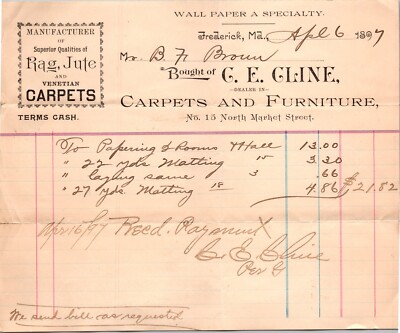 C Cline Frederick MD 1897 Billhead Carpets Rag Jute Furniture
