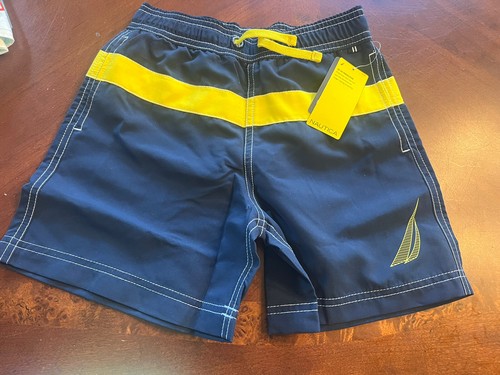 NEW Nautica Boys 7 Blue and Yellow Stripe Logo Swim Trunks UV Safe with Pocket - Picture 1 of 7