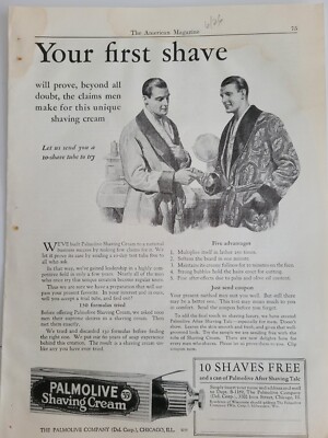 1926 tube Palmolive Shaving Cream two men bath robes Your First Shave vintage ad