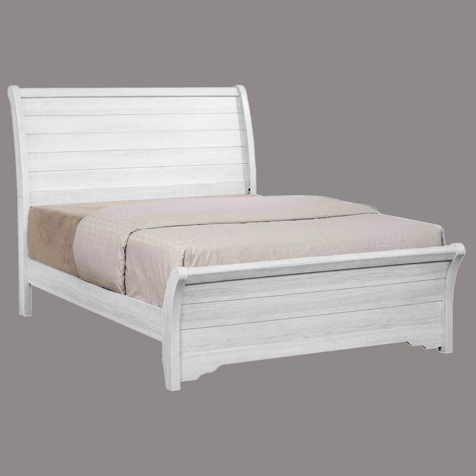 NUEVO Juego de 5 piezas trineo blanco desgastado queen king dormitorio muebles rústicos B/D/M/N/C Foto 4 de 4