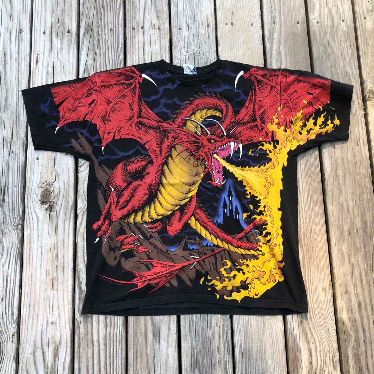 Vintage Dragon All over Print XL rare t-shirt Liquid Blue