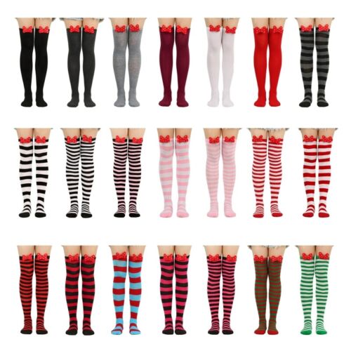 Women Striped Over Knee Long Socks 3D Bowknot Thigh High Stockings for Holiday - Afbeelding 1 van 25