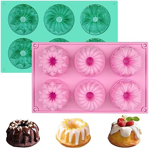 2 Pcs Mini Bundt Cake Pan 6-Cavity Fluted Tube Cake Pan Non-stick Silicone