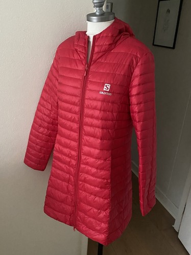 Salomon Lightweight Long Sleeve Red Hooded Puffer Jacket Knee Length Size XS/S - Picture 3 of 8
