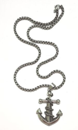 Large Silver Tone Snake Chain Necklace With Anchor Pendant - Foto 1 di 6
